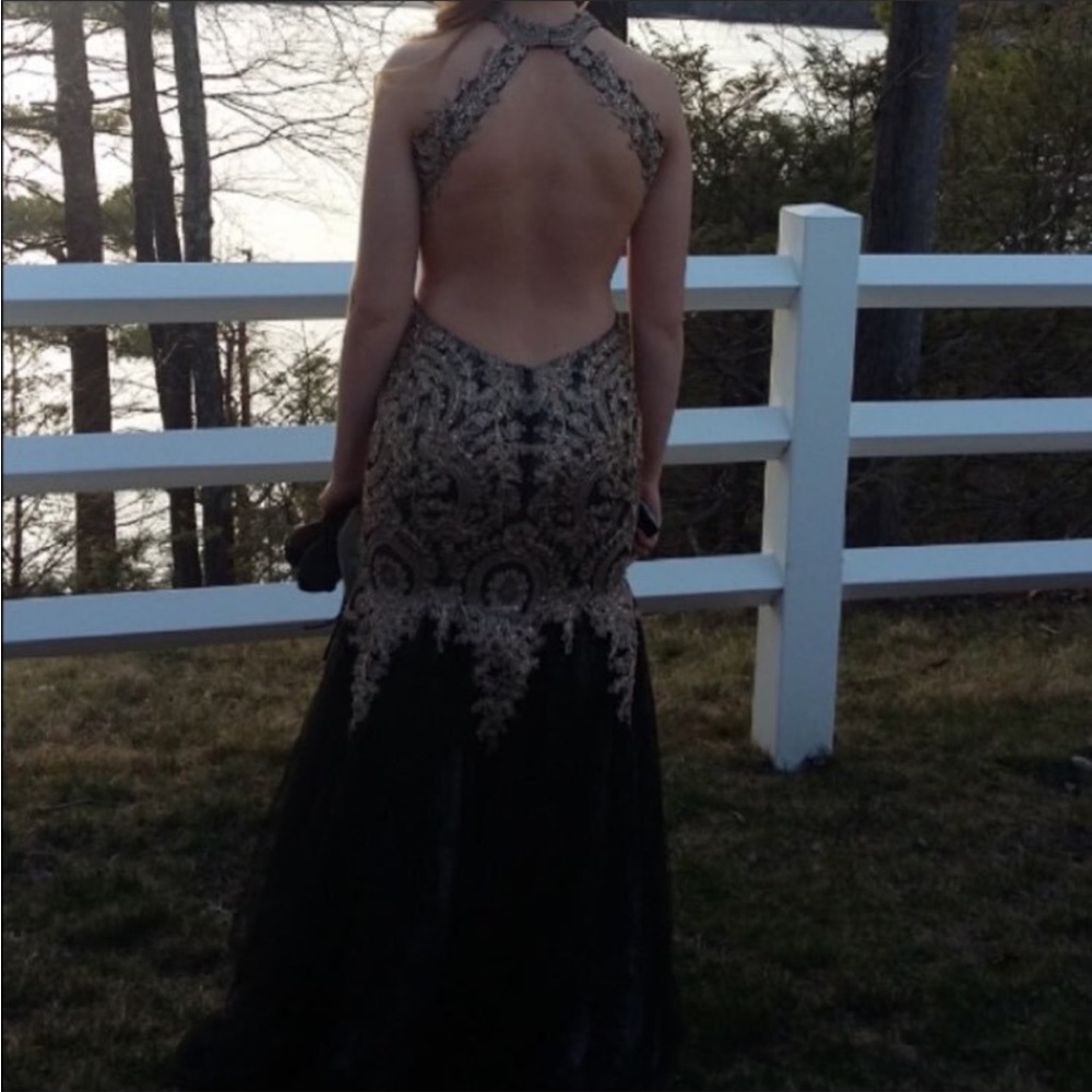 Elegant Black and Gold Backless Gown